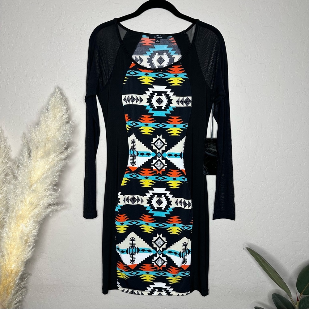 Iris Basic Aztec Print Dress, Sheer Mesh Long Sleeve, size large